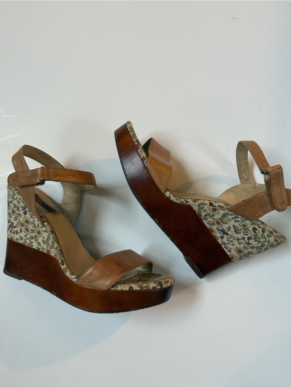 Miz Mooz Kennedy Cognac Leather Floral-Print Platform Wedges